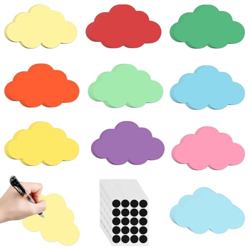100 Stück Moderationskarten Wolke, Lernkarten Wolke, Moderationskarten Selbstklebend mit 100 Selbstklebenden Klettband für Notizen Büro Schule, 10 Farben (23 x 14cm) von Jeqqinuz