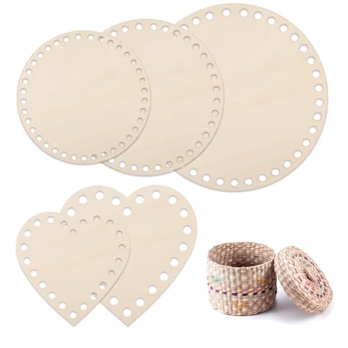 Jeqqinuz 5 Stück Korbboden zum Häkeln, Holzboden zum Häkeln Korb Flechten Holzboden für Häkelkorb Crochet, DIY-Korbflechten für Die Heimdekoration, Naturholzkorbboden Rund/Herzform von Jeqqinuz