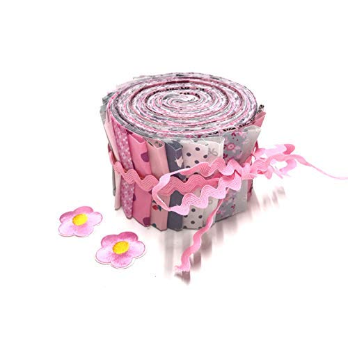 Jelly Roll Rosies Summer - die Jelly Roll beinhaltet 20 Streifen à 2,5 Inch (=6,5cm) Breite und 135 cm Länge 100% Baumwolle 1m Zackenlitze 2X Bügel-Applikationen Blumen von Jersey-Mix, 95% Baumwolle 5% Elastan