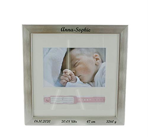 Jessis Geschenkeschmiede Baby Bilderrahmen zur Aufbewahrung des Geburtsarmbands, Krankenhausbändchens mit Ihren persönlichen Geburtsdaten, Farbe:silber von Jessis Geschenkeschmiede
