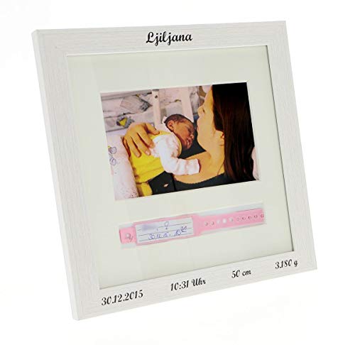 Jessis Geschenkeschmiede Baby Bilderrahmen zur Aufbewahrung des Geburtsarmbands, Krankenhausbändchens mit Ihren persönlichen Geburtsdaten, Farbe:weiss von Jessis Geschenkeschmiede