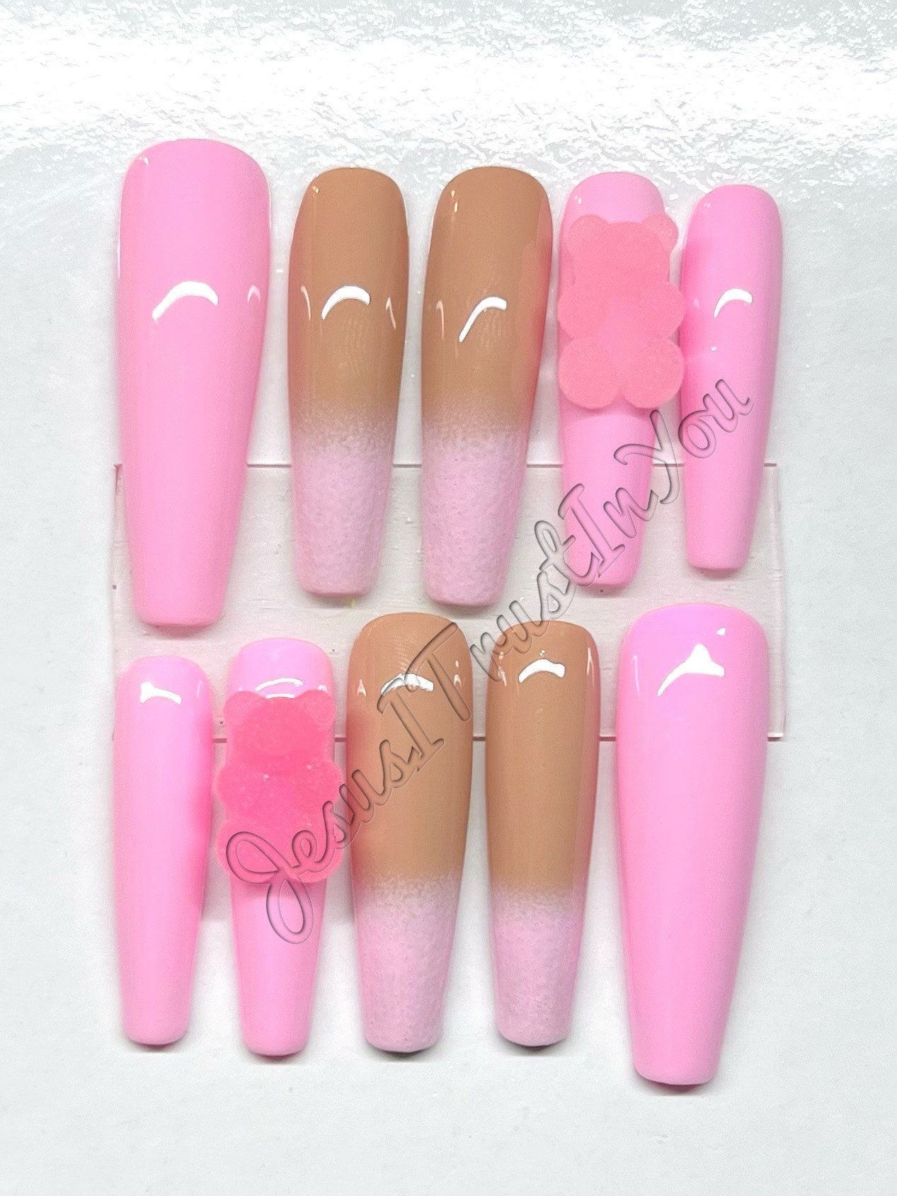 Bären Pink - Xxl Ballerina Gel Press On Nails| Wiederverwendbare Nägel | Lange Geschenke Für Sie| Strasssteine Makartt Dnd Kleber Auf von JesusItrustInYouCo