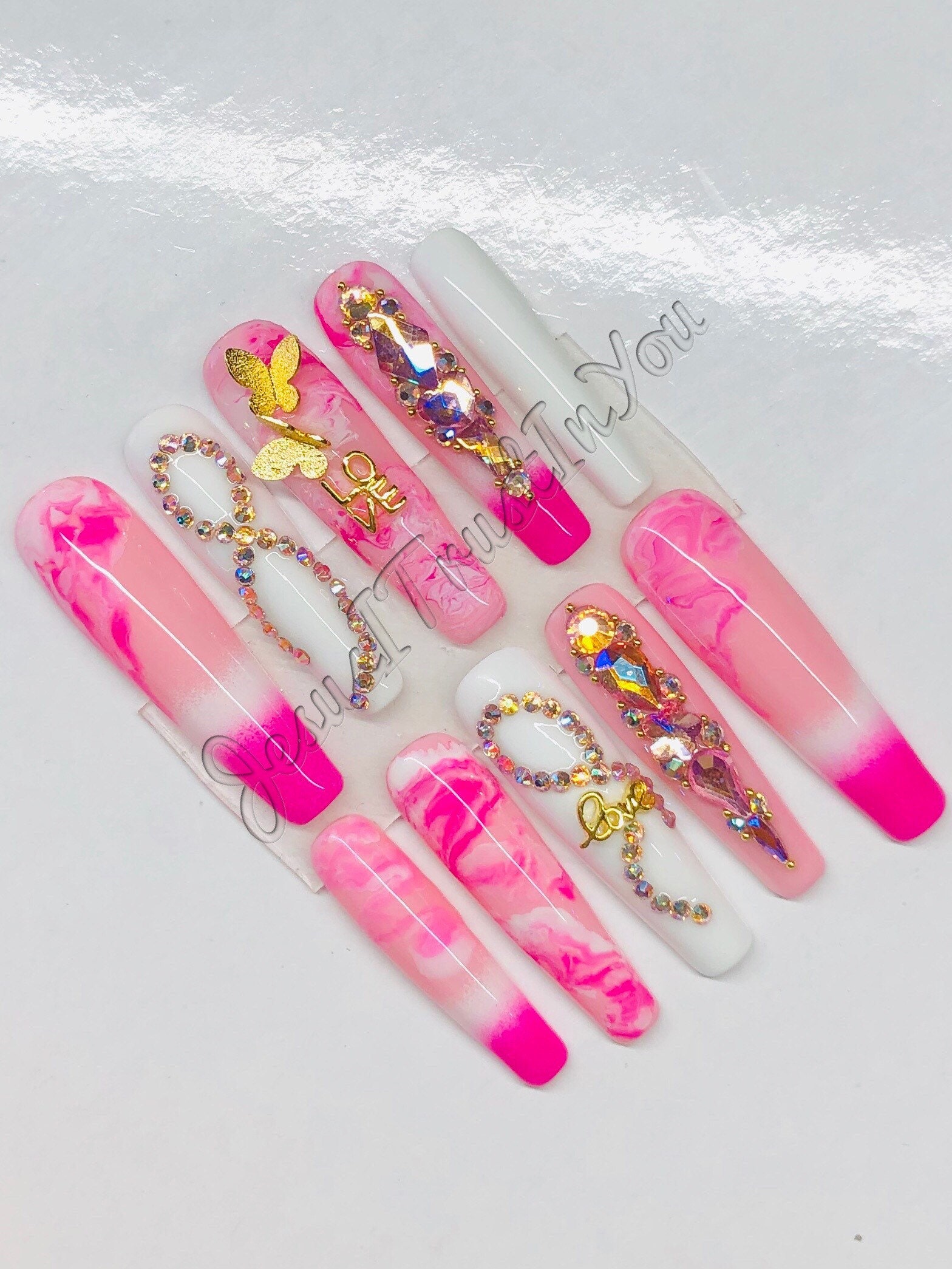 Brustkrebs Awareness - Xxl Ballerina Gel Press On Nails | Wiederverwendbare Nägel Lange Geschenke Für Sie| Strasssteine Makartt Dnd von JesusItrustInYouCo