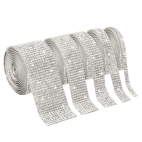 5 Rollen Selbstklebende Kristall Strass Diamant Band DIY Strassband Aufkleber Glitzersteine Dekoration für Kunst Handwerk, Hochzeit Auto Telefon, 5 Yards, 2/4/6/8/14 Reihen von Jesustree
