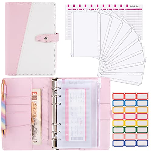 A6 Ringbuch Notizbuch, Binder Budget Planner, PU Leder Notebook Ringbuchordner mit 12pcs Binderumschlägen, 12pcs Budgetblätter, 24pcs Etikettenaufklebern (Rosa + Weiß) von Jesustree