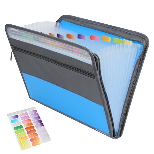 Fächermappe A4 Dokumentenmappe 13 Fächern Erweiterbar Datei Organizer, Tragbare Dokumententasche mit Reißverschluss und Etiketten für Büro Schule Geschäftsreise, Blau von Jesustree
