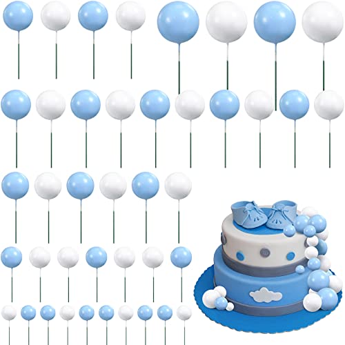 66 Stück Mini Kugeln Tortendekos Ball Torten Topper Schaumkugeln Kuchen Topper Kugeln Cupcake Topper DIY Kuchenstecker Kuchendeko für Hochzeit Geburtstag Baby Shower Taufe (Blau, Weiß) von Jetec