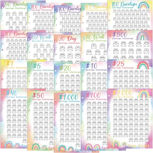 Jetec 20 Blatt Geldspar-Challenge-Binder-Tracker mit 6 perforierten Löchern für 6-Ring-A5-Ordner, 100 Umschläge, Tracker-Karten, Geldeinsparung, Budgetplaner, um Geld zu sparen (Farbverlaufsstil) von Jetec
