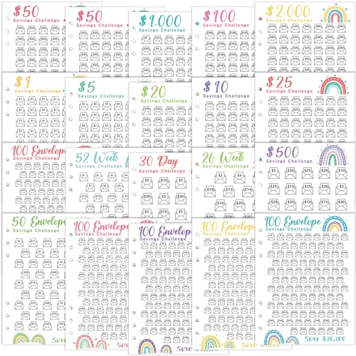 Jetec 20 Blatt Geldspar-Challenge-Binder-Tracker mit 6 perforierten Löchern für 6-Ring-A5-Ordner, 100 Umschläge, Tracker-Karten, Geldeinsparung, Budgetplaner, um Geld zu sparen (Regenbogen-Stil) von Jetec