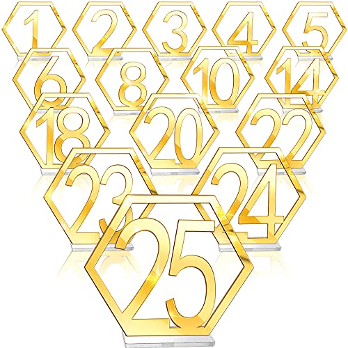 Jetec Tischnummern Hochzeit Acryl Tischnummern Hexagon Hochzeit Zahlen Ausgehöhlt Empfang Ständer Sitznummern mit Halter Basis für Hochzeit Party Event Catering Dekoration (Gold) von Jetec