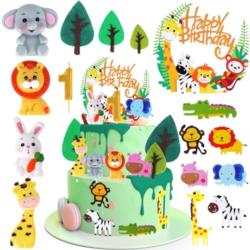 23 Stück Tortendeko 1. Geburtstag, Waldtiere Happy Birthday Kuchendeko, Safari Zoo Dschungel Cake Topper 1. Geburtstag Deko, für 1 Jahr Junge Mädchen Kinder von Jewan