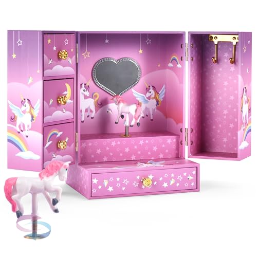 Jewelkeeper Einhorn-Schmuckschatulle mit 4 Schubladen – Prinzessinnen-Schmuckschatullen für kleine Mädchen – Aufbewahrung für Ringe, Halsketten, Ohrringe – Kindergeburtstagsüberraschung – von Jewelkeeper
