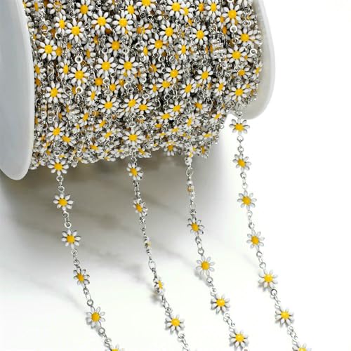 Jhdwu 1 m süße Gänseblümchen-Kette aus Kupfer und Emaille in Gold-/Stahlfarbe zur Schmuckherstellung, Sonnenblumen-Gliederketten, DIY-Halsketten, Armbandzubehör von Jhdwu