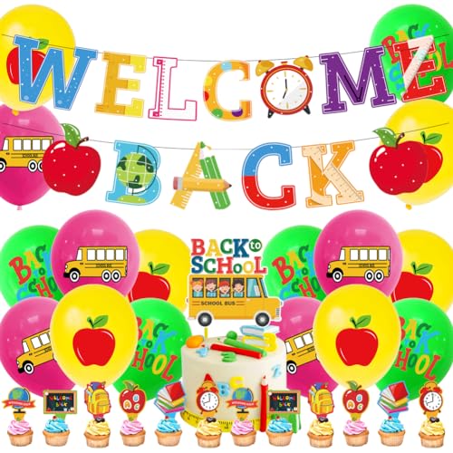 Back to School Party Decoration,32 Pcs Back to School Banner Bunte Luftballons Cupcake-Topper Aufhängen von Deko für den Ersten Schultag für Familie und Klassenzimmer Party Zubehör von JiNks