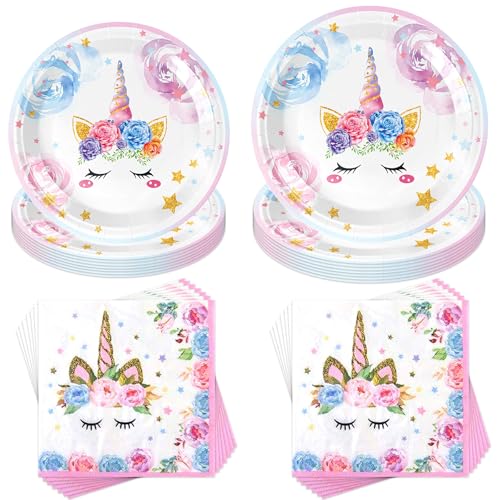 Einhorn Geschirr Set,40 Stück Einhorn Pappteller Kindergeburtstag,Einhorn Party Set,Einhorn Party Deko,Mit Servietten,Pappteller,Geburtstage Einhorn,Kindergeburtstag Zubehör von Jiahuade