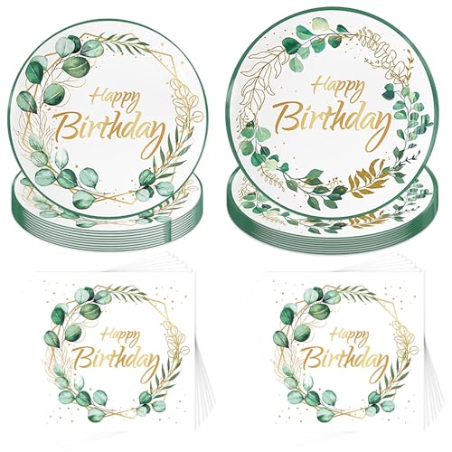 Eukalyptus Grün Partygeschirr Set,40 Stück Eukalyptusblatt Partyteller,Geburtstagsdeko Partygeschirr Set,Green Gold Baby Shower Pappteller,Geburtstag und Kindergeburtstag Geschirr von Jiahuade