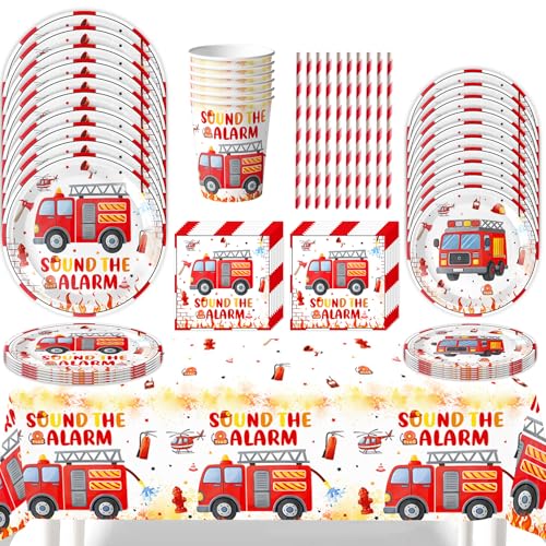 Feuerwehrauto Partygeschirr,61 Stück Feuerwehr Partygeschirr Set,Feuerwehrmann Partyteller,Feuerwehr Geburtstag Geschirr,Feuerwehrmann Pappteller Becher Servietten Strohhalme Tischdecke,für 10 Gäste Feuerwehrauto Partygeschirr,61 Stück Feuerwehr Partygeschirr Set,Feuerwehrmann Partyteller,Feuerwehr Geburtstag Geschirr,Feuerwehrmann Pappteller Becher Servietten Strohhalme Tischdecke,für 10 Gäste von Jiahuade