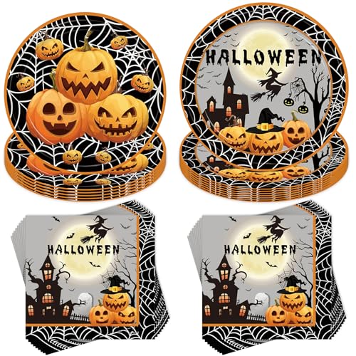 Halloween Partygeschirr Set,40 Stück Halloween Party Geschirr Teller Set,Geschirr Pappteller Set mit Pappteller Servietten,für Gebutstag Party Mädchen Junge von Jiahuade