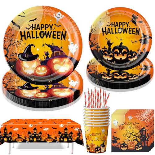 Halloween Partygeschirr Set,61 Stück Halloween Party Geschirr Teller Set,Partygeschirr aus Pappteller,Kürbis Papier Teller,mit Pappteller Becher Servietten Tischdecke Strohhalme für 10 Gäste von Jiahuade
