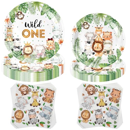 Jiahuade Dschungel Safari Partygeschirr Set,40 Stück Dschungel Safari Geburtstag,Grün Wildes Tier Papier Teller Servietten,Kindergeburtstag Geschirr Set,für Wild One Kindergeburtstag Geburtstag Deko von Jiahuade