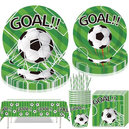Jiahuade Fußball Partygeschirr Set,61 Stück Partygeschirr Kindergeburtstag,Fußball Thema Geburtstag Party,mit Pappteller Becher Servietten Tischdecke Strohhalme,für 10 Gäste von Jiahuade