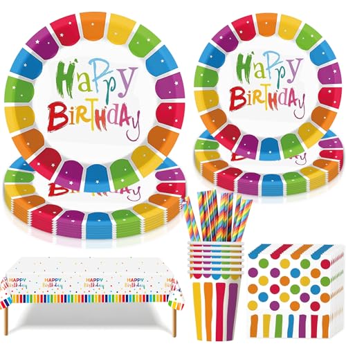 Jiahuade Regenbogen Partygeschirr Set,61 Stück Bunt Partygeschirr Kindergeburtstag,Thema Geburtstag Party,mit Pappteller Becher Servietten Tischdecke Strohhalme,für 10 Gäste von Jiahuade