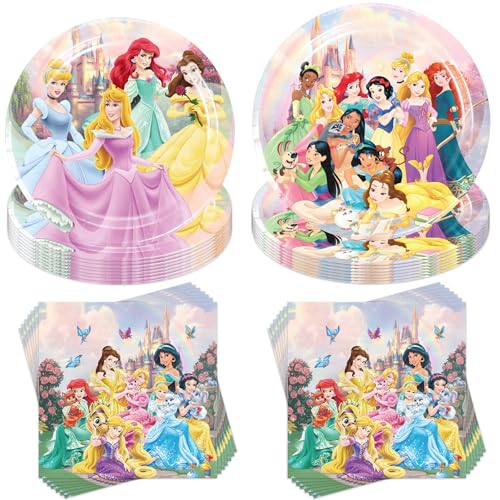 Jiahuade Princess Partygeschirr Set,40 Stück Partygeschirr Kindergeburtstag,Princess Thema Geburtstag Party,mit Pappteller Becher Servietten Tischdecke Strohhalme,für 10 Gäste von Jiahuade