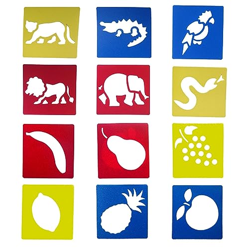 12 Stücke Schablonen Kinder Malschablonen Set, Malschablonen aus Kunststoff, 15 x 14 cm Cartoon Malerei Tierfrucht Vorlage, Wiederverwendbar Malerei Schablonen(Rot, Gelb, Blau) von Jiakalamo