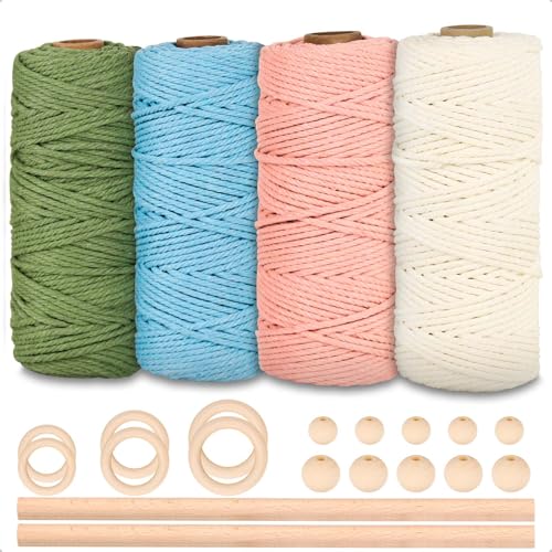 Makramee Garn Set 3mmx60m, Makramee Set Zubehör mit 4 Stück Makramee Baumwollgarn, 10 Holzperlen, 6 Holzringe, 2 Holzstäbchen, Makrameegarn Deko für Wandbehang, Blumenampel, Vorhang, Schlüsselanhänger von JiangLin