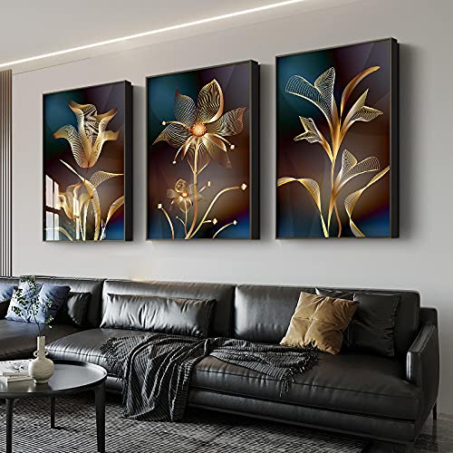 Abstrakte Leinwand Malerei Schwarz Goldene Blume Luxus Poster Nordische Kunst Pflanzenblatt Moderne Wandbild für Wohnzimmer Dekor 60x80cm (24x32in) x3 Mit Rahmen von Jianghu Art