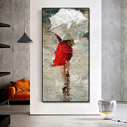 Abstrakte Wanddekoration Kunst Frau Mit Regenschirm Malerei Leinwanddruck Wandkunst Bild Für Wohnzimmer Wohnkultur 40x90cm (16x35in) Mit Rahmen von Jianghu Art