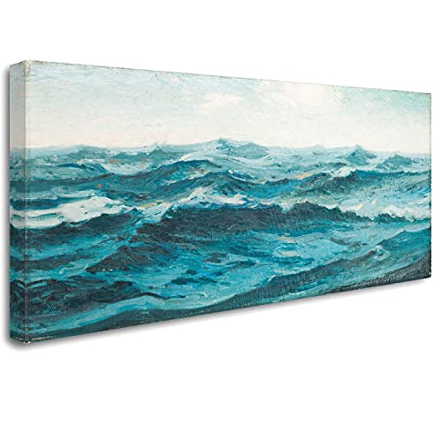 Große Wandkunstdrucke Vintage Blue Wave Seascape Ölgemälde HD-Druck Auf Leinwand Poster Für Zuhause Wohnzimmer Dekor 70x210cm (28x83in) Mit Rahmen von Jianghu Art