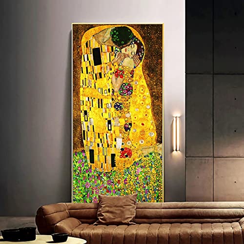 Gustav Klimt Der Kuss Klassische Ölgemälde Druck auf Leinwand Berühmte Poster Übergroße Bilder für moderne gerahmte Wohnzimmer 90 x 183 cm (35 x 72 Zoll) mit Rahmen von Jianghu Art
