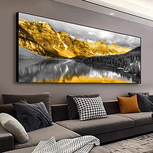 Jianghu Art Große große Leinwand Wandkunst Goldene Berge Schwarzer See Leinwand Gemälde Moderne Landschaftsbilder für Wohnzimmer 90x183cm(35x72in) mit Rahmen von Jianghu Art