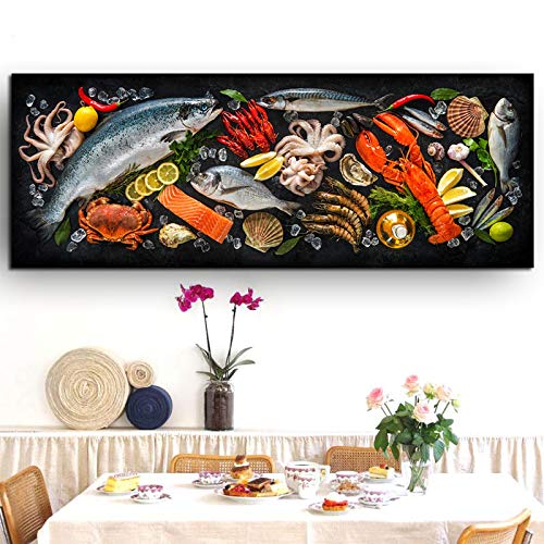 Küche Themen Wandkunst Dekor Leinwand Malerei - Fisch und Meeresfrüchte auf dem Tisch Leinwand Malerei Poster und Drucke Bilder 70x210cm (28x83in) mit Rahmen von Jianghu Art