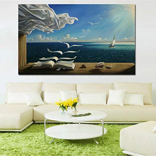 Salvador Dali Ölgemälde Die Wellen Buch Segelboot Wandgemälde Auf Leinwand Surrealismus Kunst Poster Drucke Wandkunst Bilder 70x110cm (28x43in) Mit Rahmen von Jianghu Art