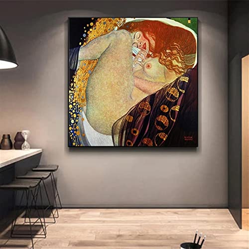 Wandbild Gustav Klimt Danae Reproduktion Ölgemälde auf Leinwand Kunst Skandinavische Poster und Drucke für Wohnzimmer 60x60cm(24x24in) mit Rahmen von Jianghu Art