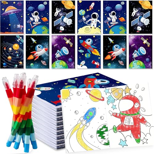 Jiaoohoo Weltraum Kindergeburtstag Mitgebsel,12 Mini Malbuch 12 Stapelbare Buntstifte Kleine Geschenke für kinder,Astronaut Geburtstag Deko,Weltraum Party Give Aways Set. von Jiaoohoo
