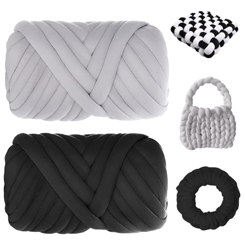 Jiavlyx 2 Stück Dicke Wolle Garn, 500g Sperrige Handstrickgarn, 25 MM Grobe Isländische Wolle, Handstrickgarn, Sperrige Textilgarn, Für Taschen,Haustiernester,DIY-Kunsthandwerk (Grau + Schwarz) von Jiavlyx