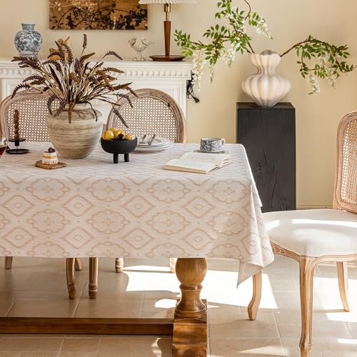 Maschinenwaschbare Tischdecke Hanfoptik - Atmungsaktives Prägemuster Blumenmuster Naturgewebe Beige/Grau Für Küche Garten Festtafel Indoor & Outdoor (Begonie - Beige, 140 * 180 cm) von Jiddado