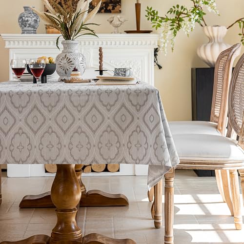 Maschinenwaschbare Tischdecke Hanfoptik - Atmungsaktives Prägemuster Blumenmuster Naturgewebe Beige/Grau Für Küche Garten Festtafel Indoor & Outdoor (Begonie - Grau, 140 * 200 cm) von Jiddado