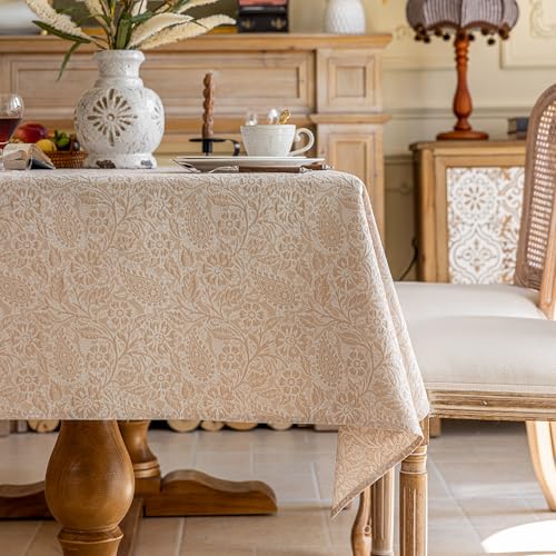 Maschinenwaschbare Tischdecke Hanfoptik - Atmungsaktives Prägemuster Blumenmuster Naturgewebe Beige/Grau Für Küche Garten Festtafel Indoor & Outdoor (Gesangblume - Beige, 140 * 220 cm) von Jiddado