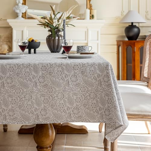 Maschinenwaschbare Tischdecke Hanfoptik - Atmungsaktives Prägemuster Blumenmuster Naturgewebe Beige/Grau Für Küche Garten Festtafel Indoor & Outdoor (Gesangblume - Grau, 100 * 160 cm) von Jiddado