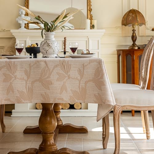 Maschinenwaschbare Tischdecke Hanfoptik - Atmungsaktives Prägemuster Blumenmuster Naturgewebe Beige/Grau Für Küche Garten Festtafel Indoor & Outdoor (Magnolie - Beige, 140 * 140 cm) von Jiddado