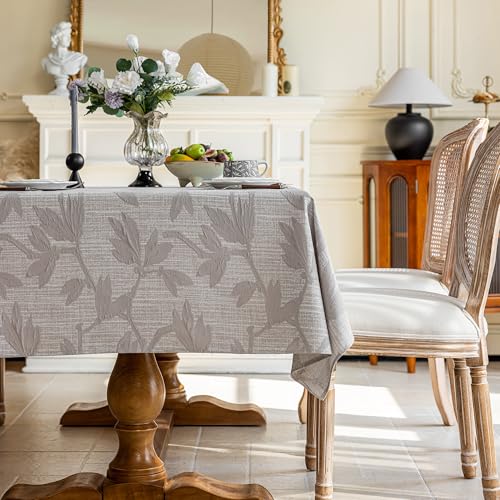 Maschinenwaschbare Tischdecke Hanfoptik - Atmungsaktives Prägemuster Blumenmuster Naturgewebe Beige/Grau Für Küche Garten Festtafel Indoor & Outdoor (Magnolie - Grau, 140 * 180 cm) von Jiddado
