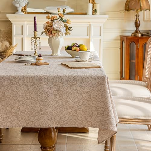 Maschinenwaschbare Tischdecke Hanfoptik - Atmungsaktives Prägemuster Blumenmuster Naturgewebe Beige/Grau Für Küche Garten Festtafel Indoor & Outdoor (Sonnenblume - Beige, 140 * 140 cm) von Jiddado