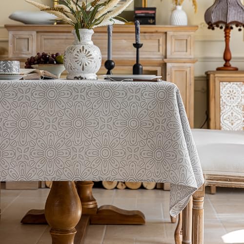Maschinenwaschbare Tischdecke Hanfoptik - Atmungsaktives Prägemuster Blumenmuster Naturgewebe Beige/Grau Für Küche Garten Festtafel Indoor & Outdoor (Sonnenblume - Grau, 140 * 140 cm) von Jiddado