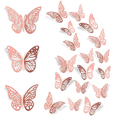 3D Aufkleber Schmetterlinge, 72 Stück Schmetterlinge 3D Wand, Großer Schmetterling Deko für Baby und Mädchen Raumdekoration Aufkleber, DIY Wandaufkleber, Hochzeitsfeier Wandaufkleber (Roségold) von JieGuanG