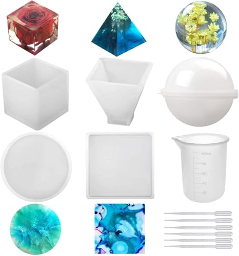 Jieunxx Silikonform 5 Stück Harz Gießform beinhaltet Kugel, Würfel, Pyramide, quadratisch, rund, mit 1 Messbecher und 5 Kunststoff Transfer Strohhalme für Epoxidharz, Wachs von Jieunxx