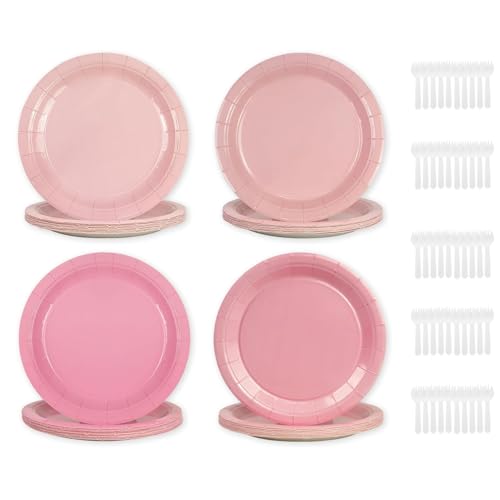 Jimkply 48 Stück Pappteller für Geburtstag und Party, runde Einweg-Partyteller mit 50 Löffel, Festliches Geschirrset für Hochzeit, Geburtstag Party, 4 Verschiedene Designs (Rosa) von Jimklpy